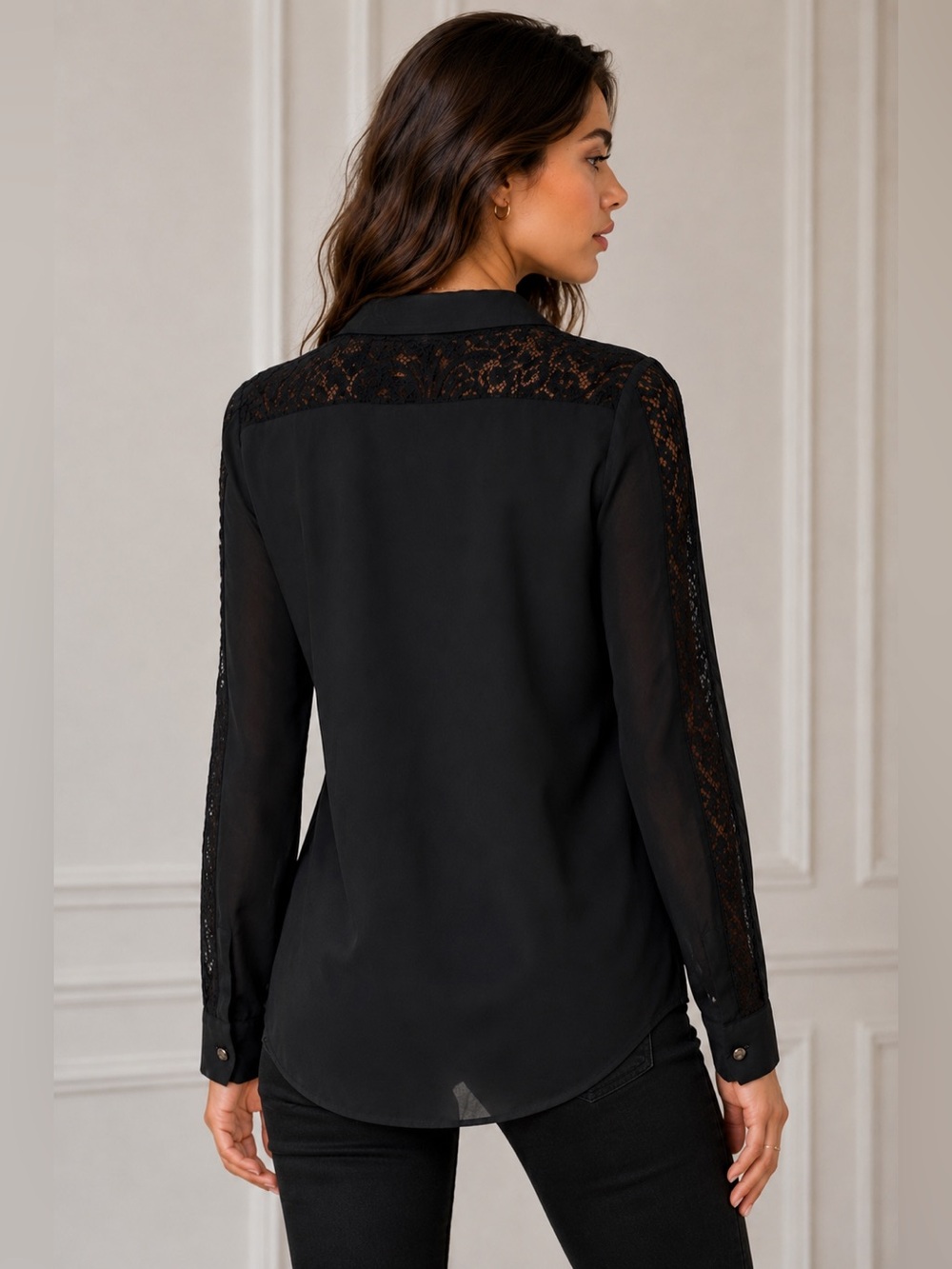 Mossino Black Lace Inset Sheer Sleeve Button Front Blouse XS Romantic Goth - Picture 2 of 9